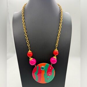 Vintage 80s Party Miami Nights Statement Necklace Enamel Pendant Gold Tone Chain